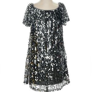 Xhileration Sparkling Black Mesh Sequin Short Sleeve Shift Dress cocktail M NWT